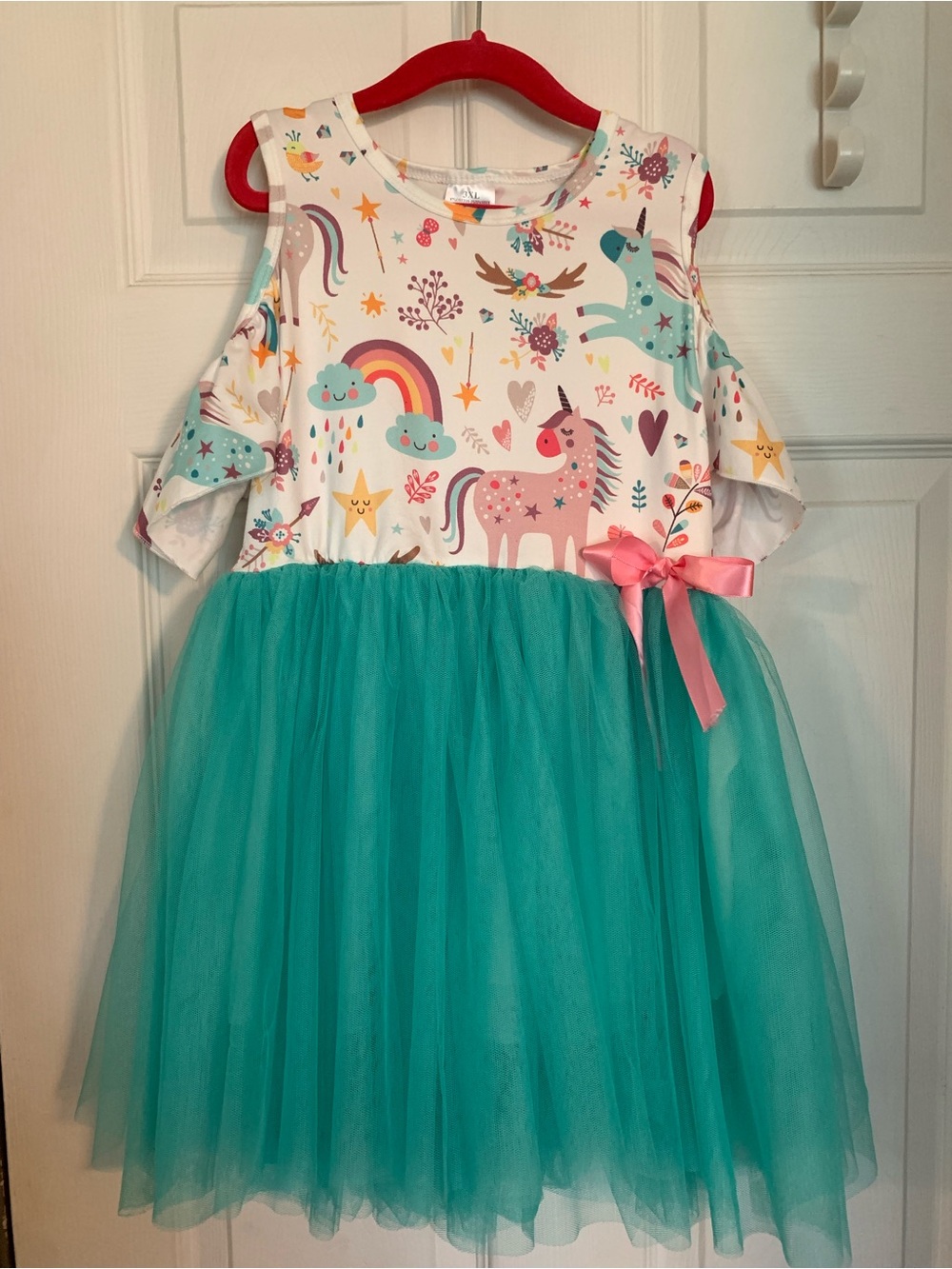 Unicorn Rainbow Tulle Dress with Teal Skirt and Pink Bow